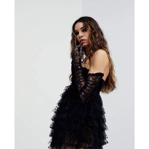 NWT For Love & Lemons Jourdan Black Lace Mini Dress With Gloves Size Medium - Picture 3 of 9